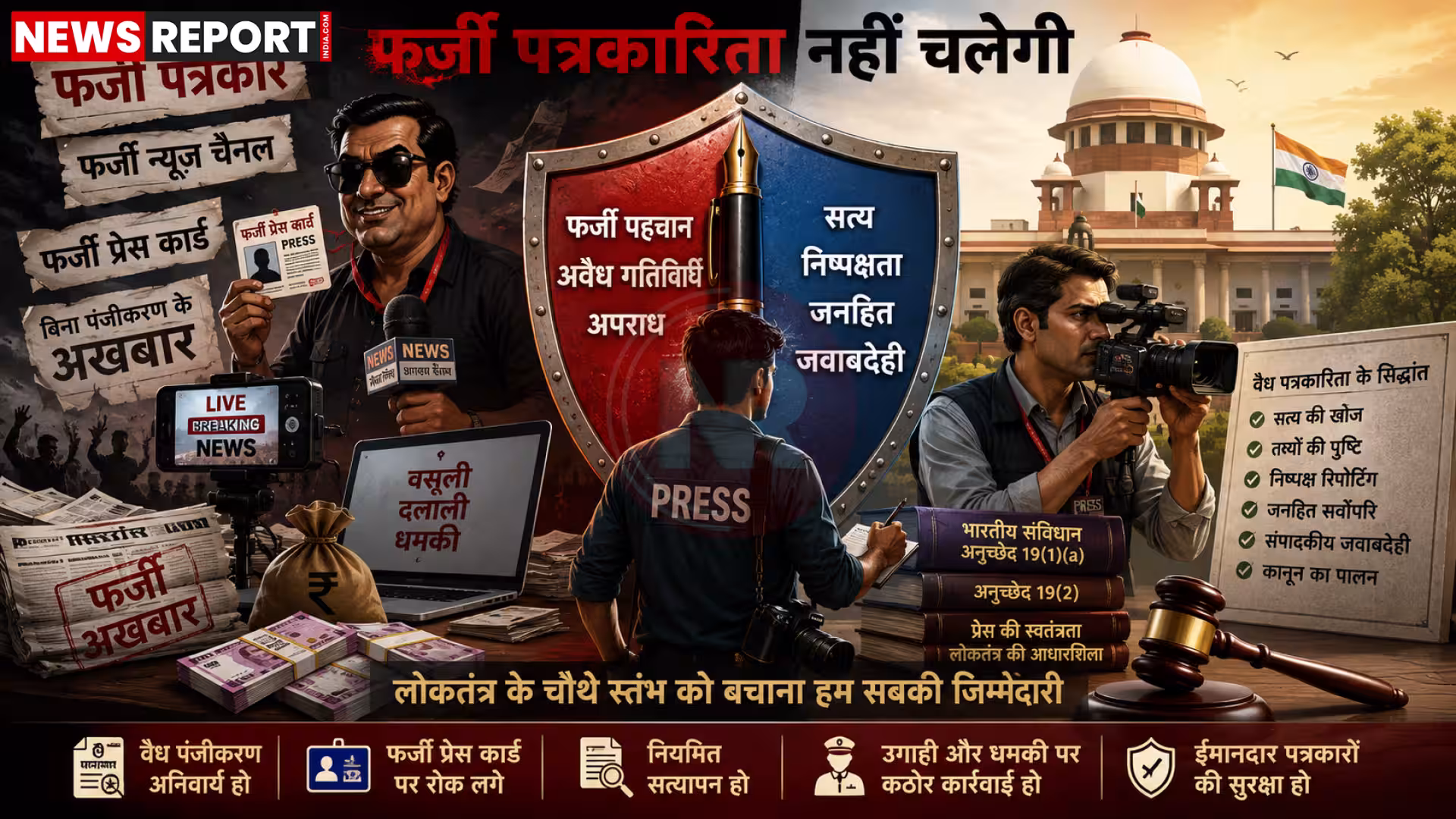 एक बुलडोजर फर्जी पत्रकारों और गलत सूचना के ढेर को हटाते हुए, पृष्ठभूमि में एक अख़बार और कैमरा।