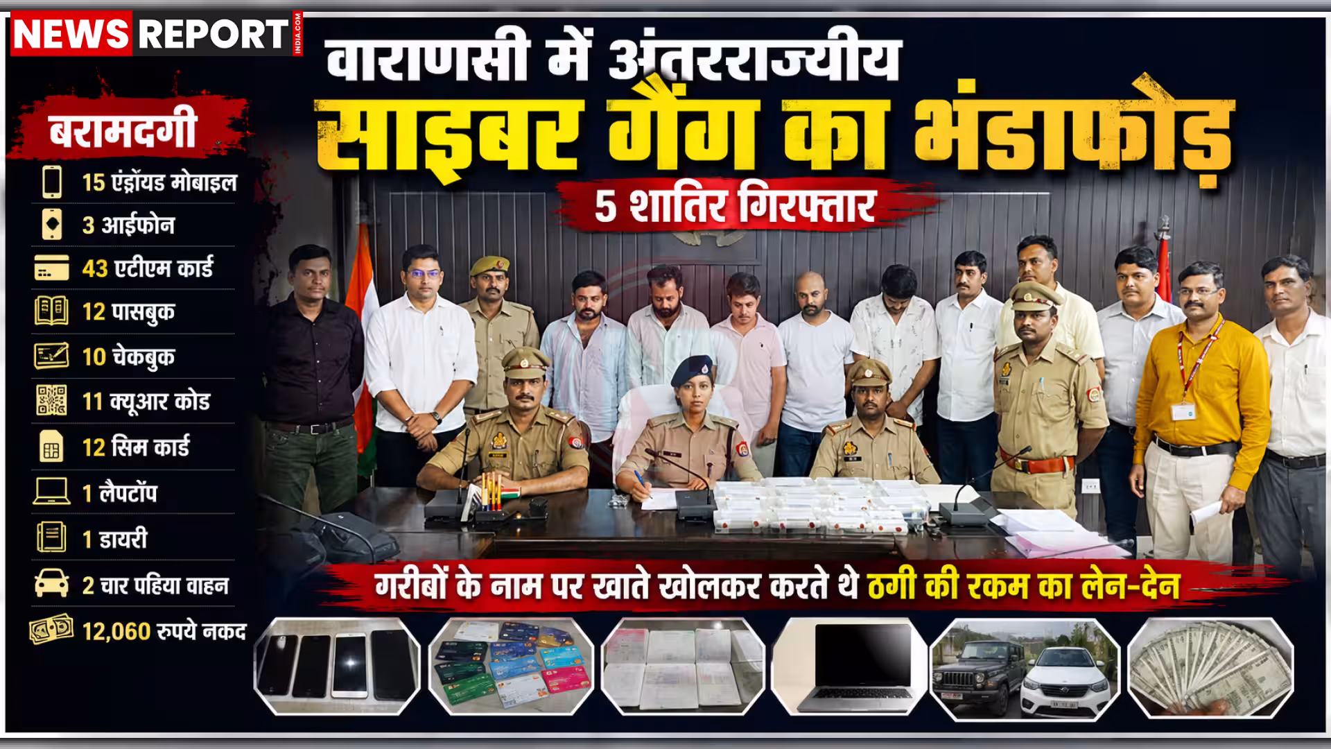 वाराणसी में गिरफ्तार साइबर ठग और पुलिस द्वारा बरामद किए गए मोबाइल, लैपटॉप, एटीएम कार्ड, नकदी व वाहन।