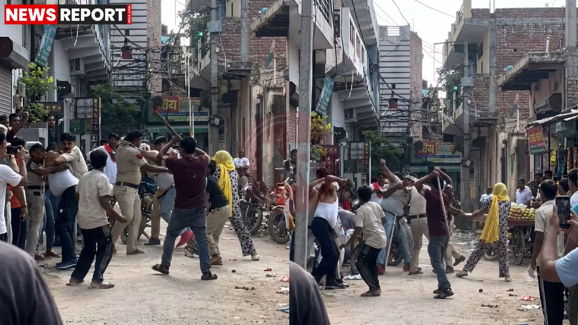 पुलिसकर्मियों पर हमला करते हुए लोगों का समूह, जिसमें मिर्च पाउडर और लाठी-डंडों का इस्तेमाल हो रहा है।