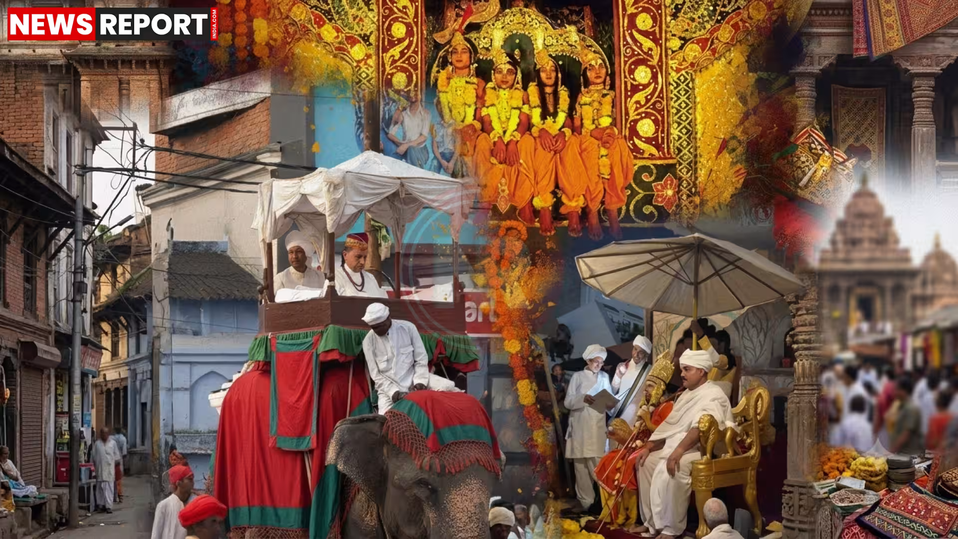 रामनगर रामलीला के प्रथम गणेश पूजन की तस्वीर, जिसमें पंडित और आयोजक पूजा करते दिख रहे हैं।