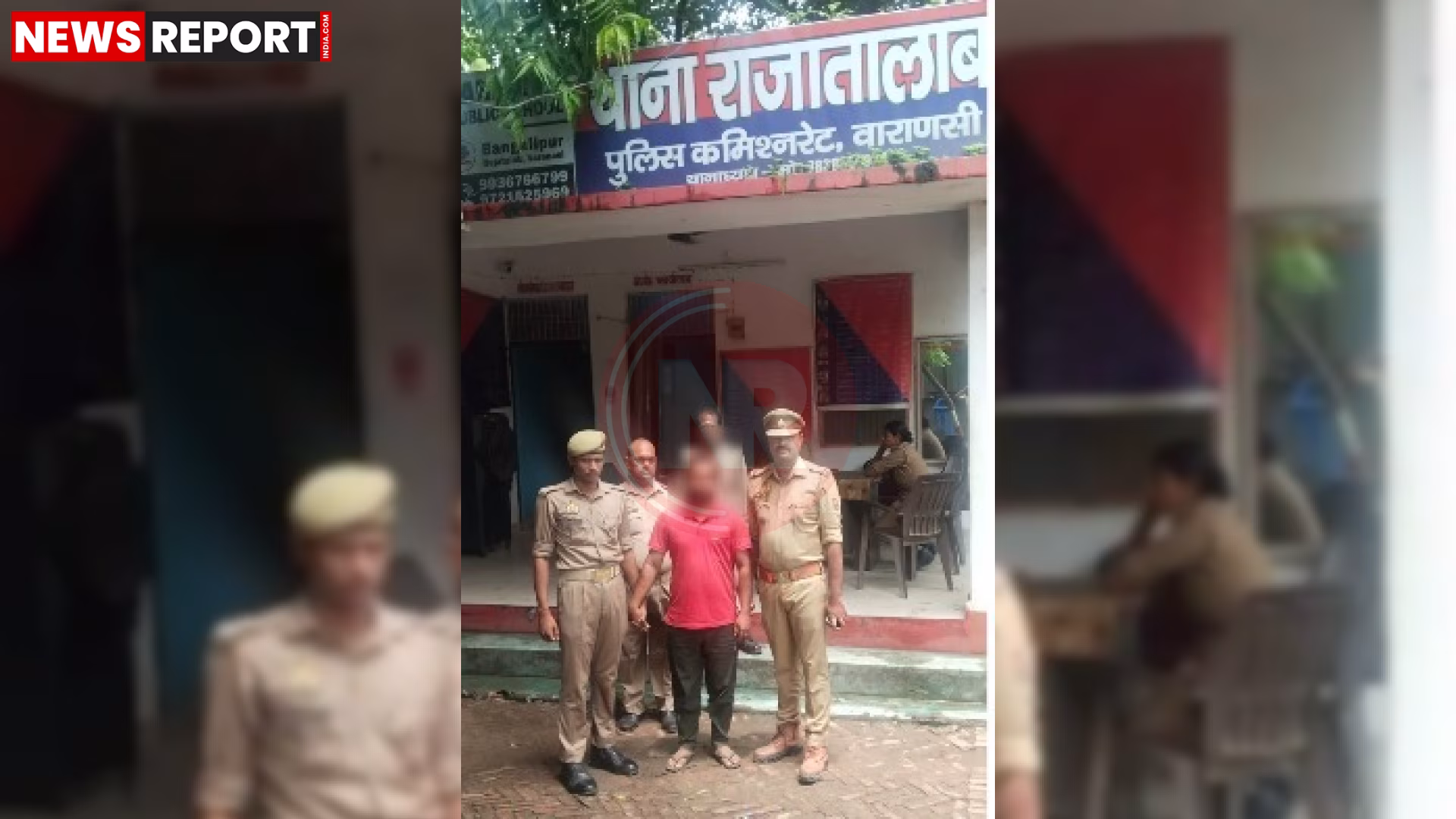 वाराणसी पुलिस द्वारा ज्वलनशील पदार्थ हमले के आरोपी को गिरफ्तार करते हुए।