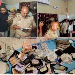 पुलिस द्वारा वाराणसी में जुआ अड्डे पर छापेमारी के दौरान गिरफ्तार किए गए लोग और बरामद नकदी व सामग्री।