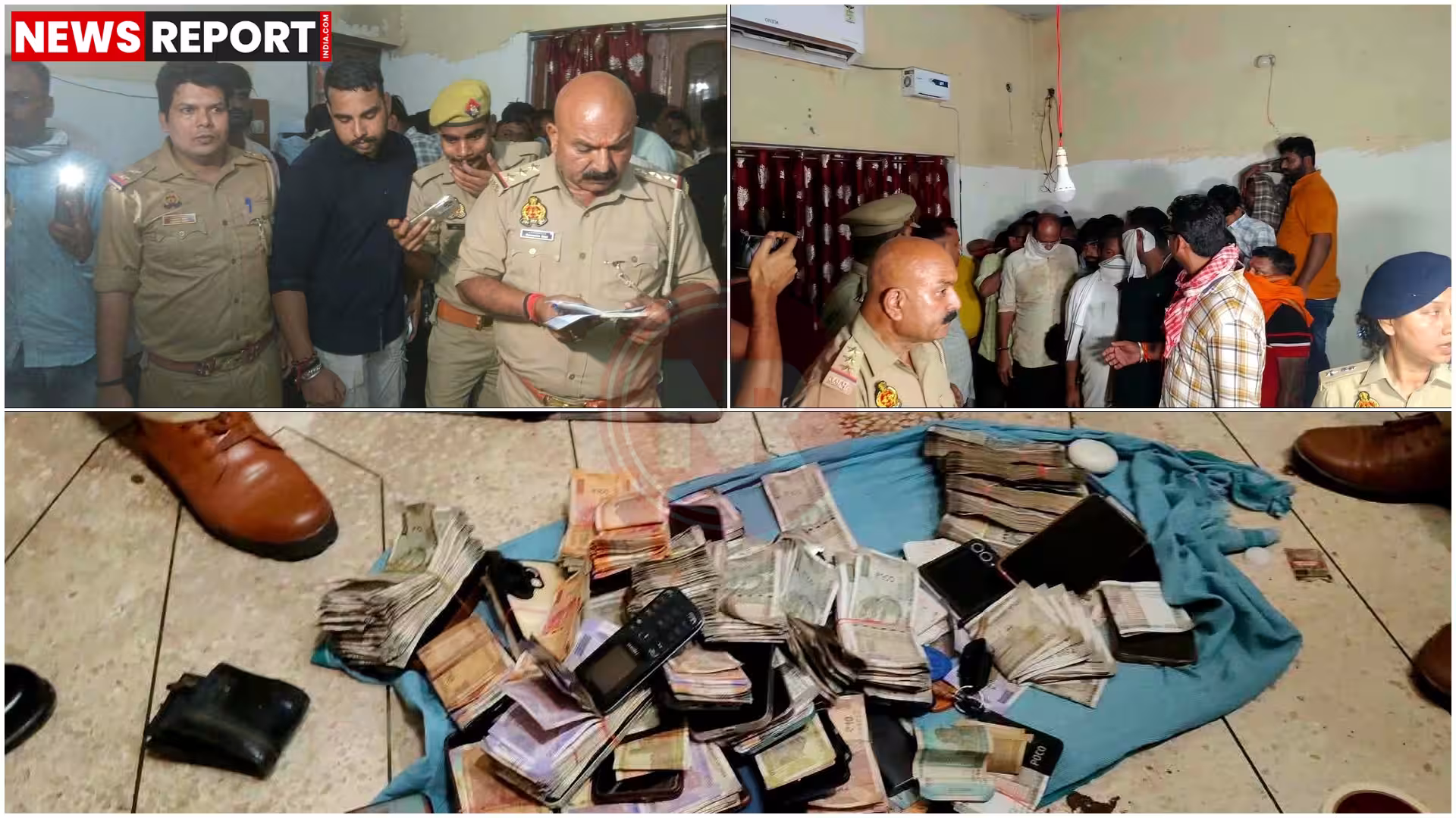 पुलिस द्वारा वाराणसी में जुआ अड्डे पर छापेमारी के दौरान गिरफ्तार किए गए लोग और बरामद नकदी व सामग्री।