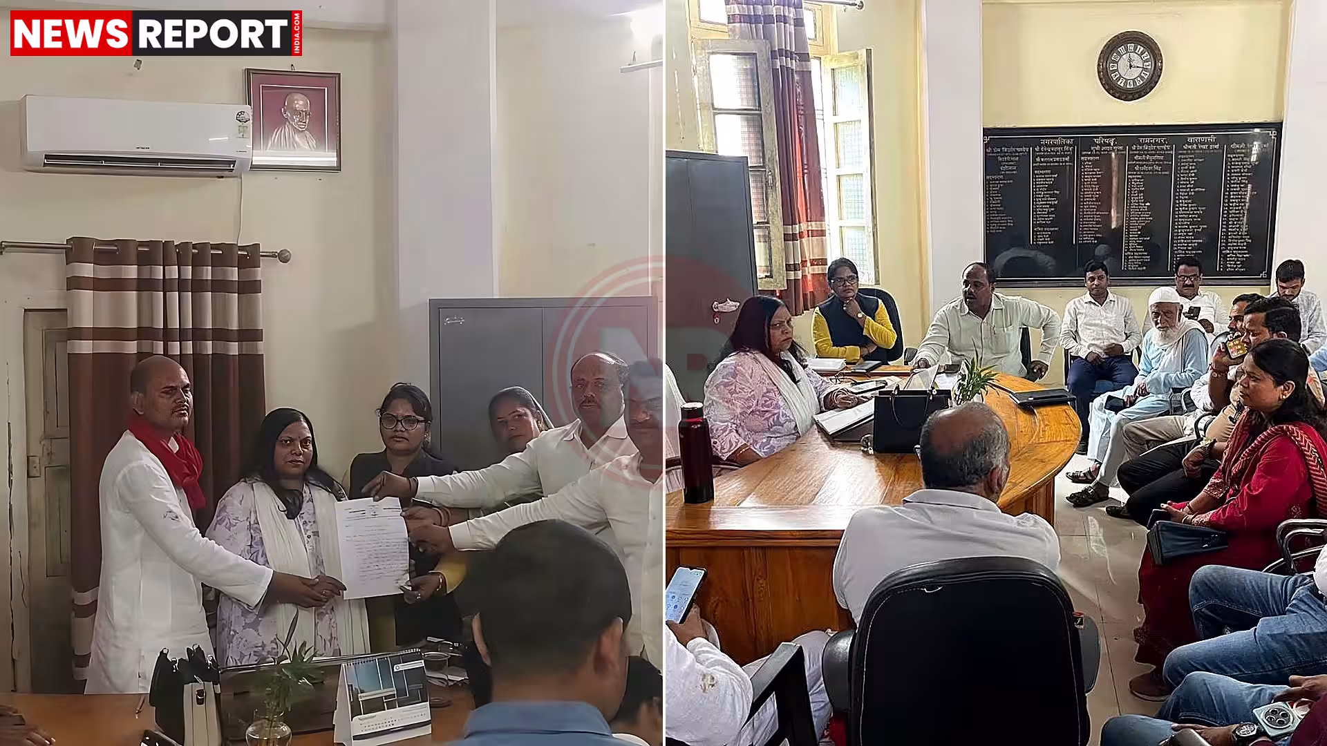 रामनगर नगर निगम कार्यालय के बाहर प्रदर्शन करते लोग और सपा पार्षद राम कुमार यादव