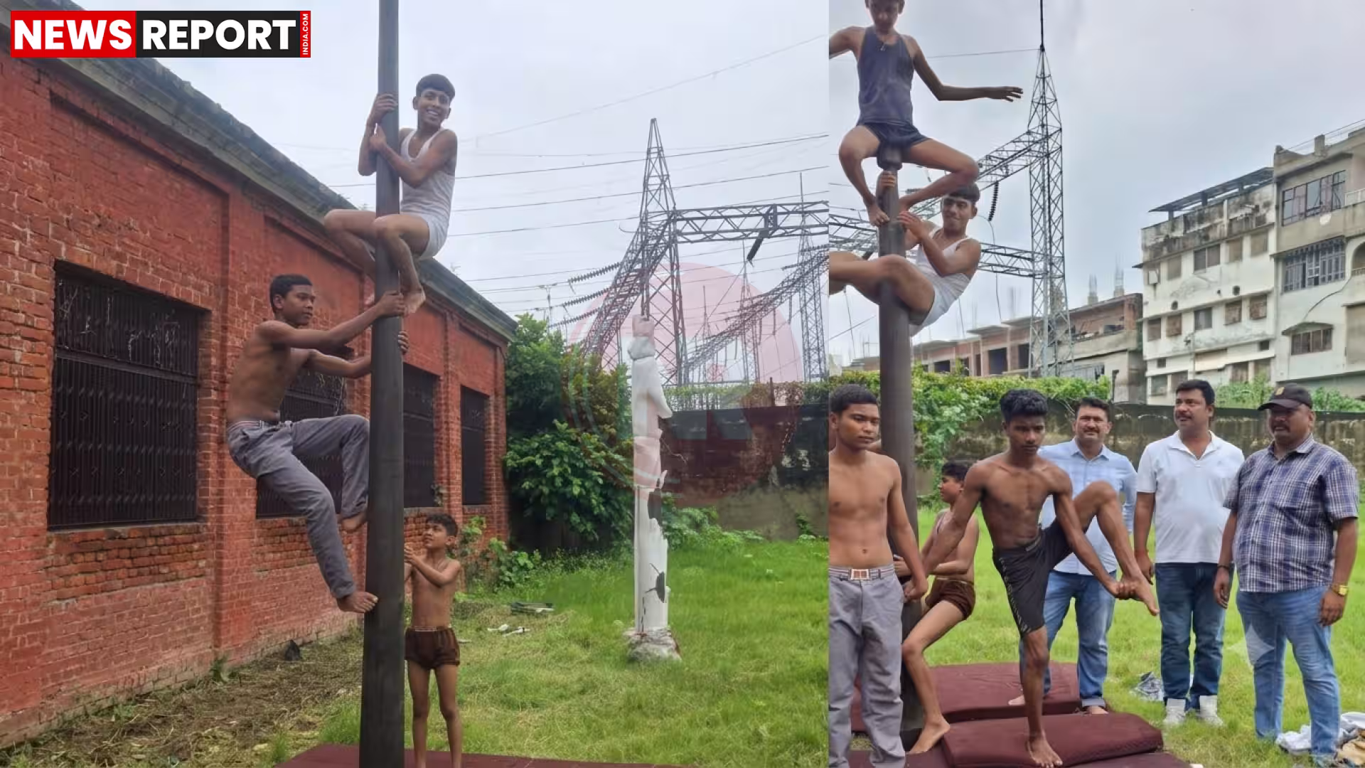 मलखंभ पर प्रदर्शन करते खिलाड़ी