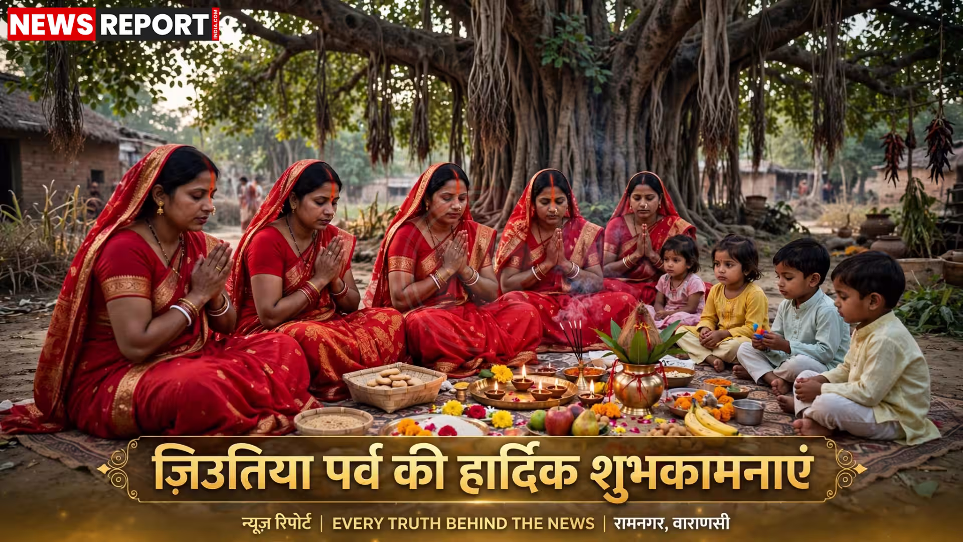 जीवित्पुत्रिका व्रत करती महिलाएं और जीमूतवाहन की प्रतिमा