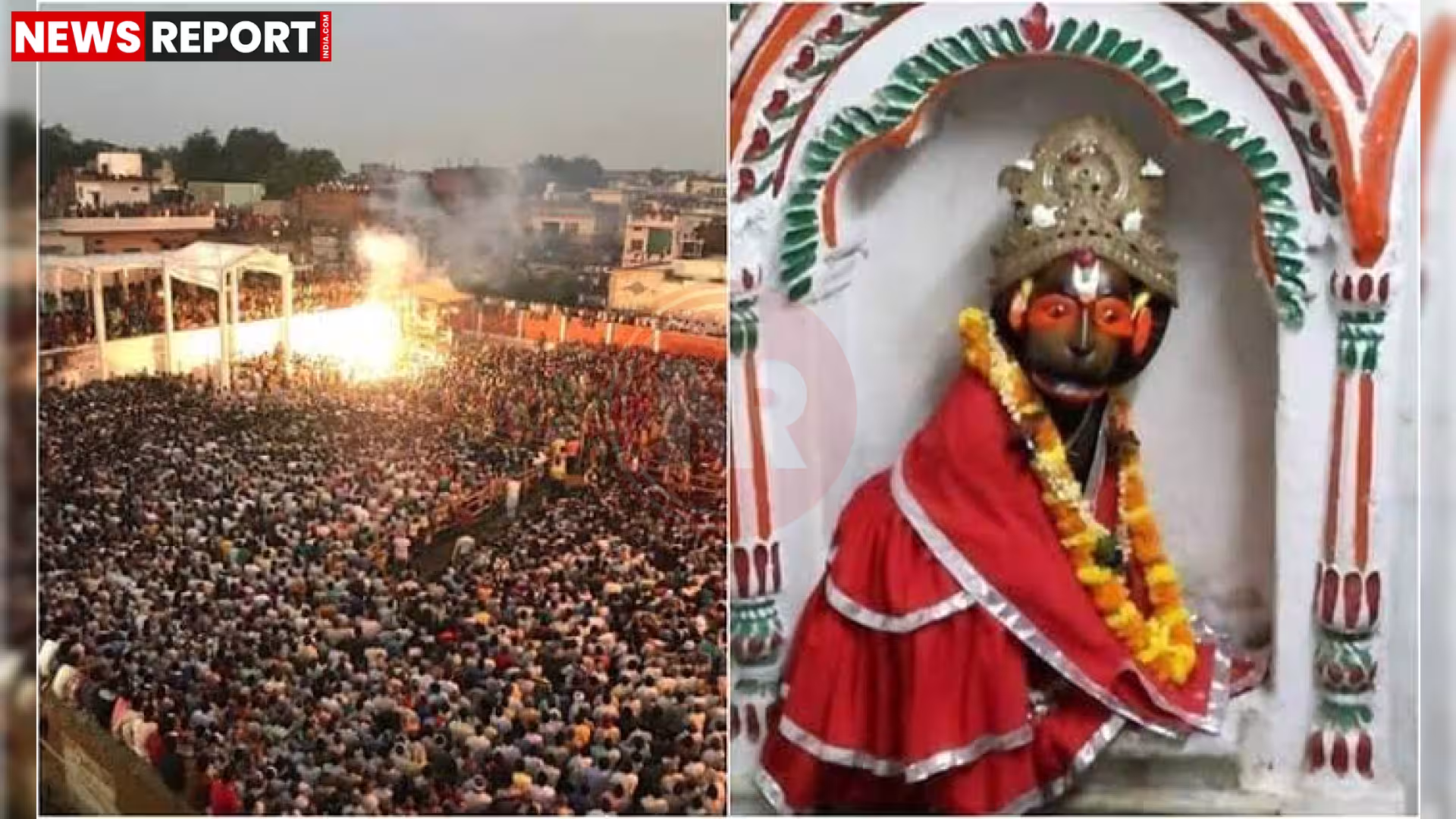 रामनगर दुर्ग स्थित दक्षिणामुखी काले हनुमानजी मंदिर का दृश्य, जहाँ भक्त दर्शन के लिए कतार में खड़े हैं।